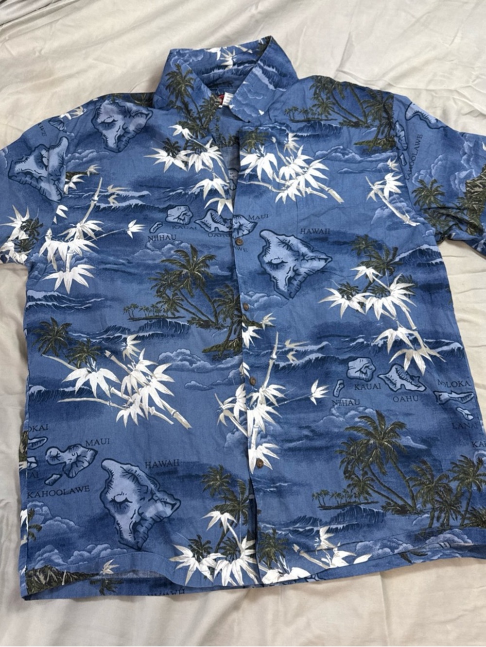 Blue Hawaiian Print Short-Sleeve Shirt vacation beach XL 100% cotton